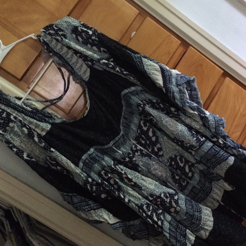 Free People Long Sleeve Patterned Maxi Dress in Black and Light Blue